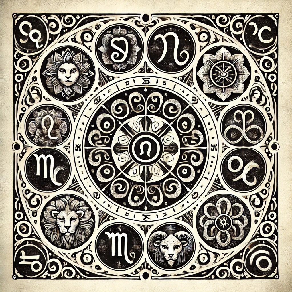 Ілюстрація в чорно-білому вінтажному стилі, що відображає всі дванадцять знаків зодіаку. Вона поєднує мінімалізм із класичними елементами, створюючи елегантний і ретро-настрій.